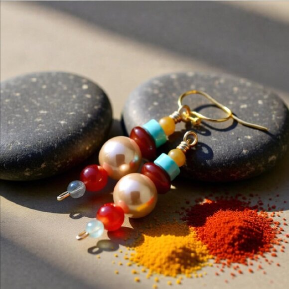 Handmade Jewelry - Colorful & Vibrant! Gemstone Beaded Cepter Earrings! Fall Colors! Mixed Media